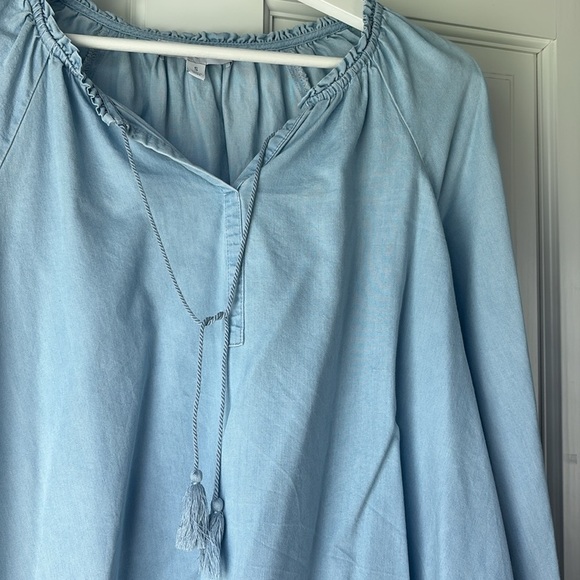 New Directions Sky Blue Light Denim Blouse with Tassel small - Picture 3 of 6